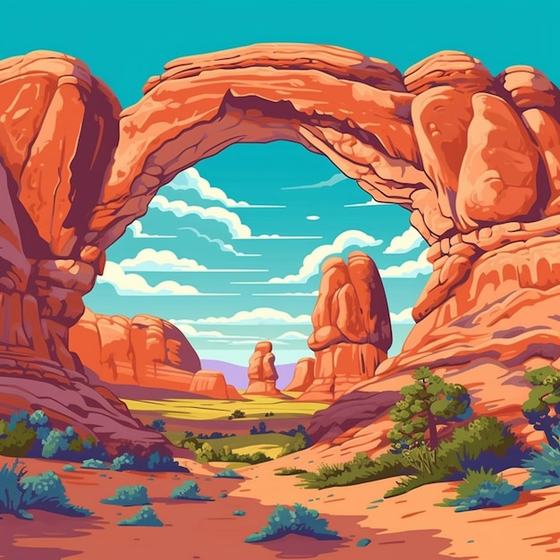Фото Иллюстрация в стиле мультфильма пустынного пейзажа с каменной аркой