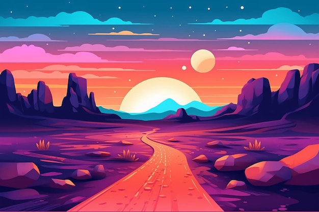 Фото Иллюстрация в мультяшном стиле пустынной дороги с горами и генеративным искусственным интеллектом на закате