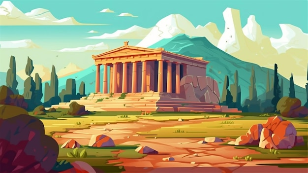 Фото Иллюстрация в мультяшном стиле греческого храма в горах генеративный ай
