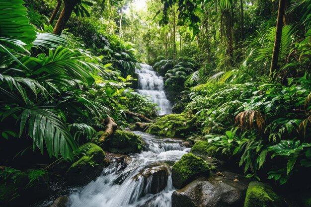 Фото Каскадный водопад в тропических тропических лесах, созданный ии