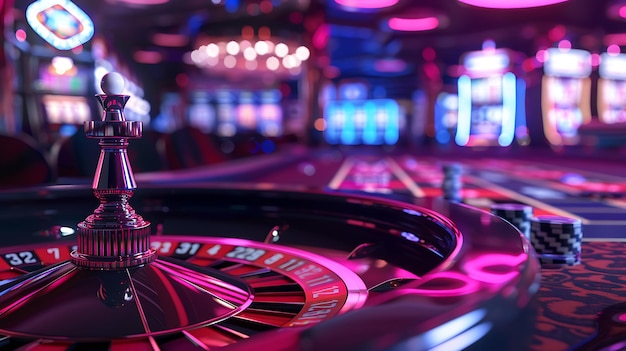 写真 a casino game with a red and blue lights and a casino table