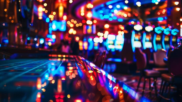 写真 スロットマシンに囲まれたゲームテーブルに反射するネオンライトを持つカジノ