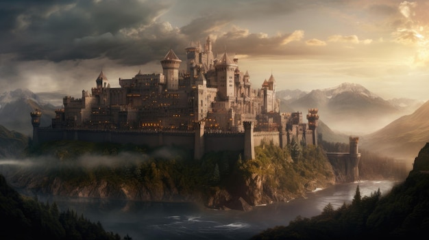 Фото Замок на горе с закатом на заднем плане