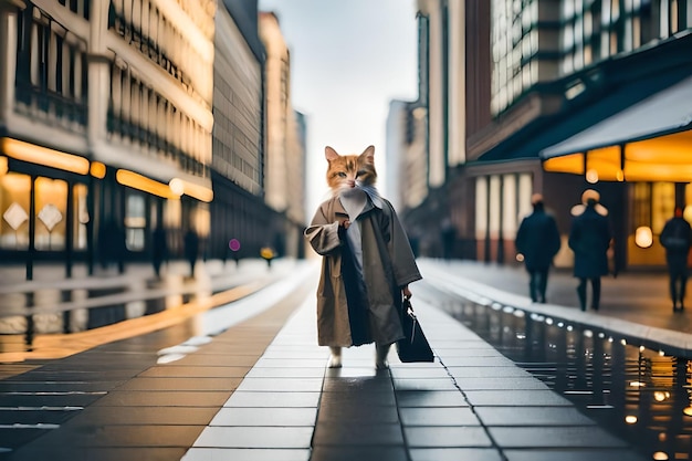 写真 路上でバッグを持ったコートを着た猫。