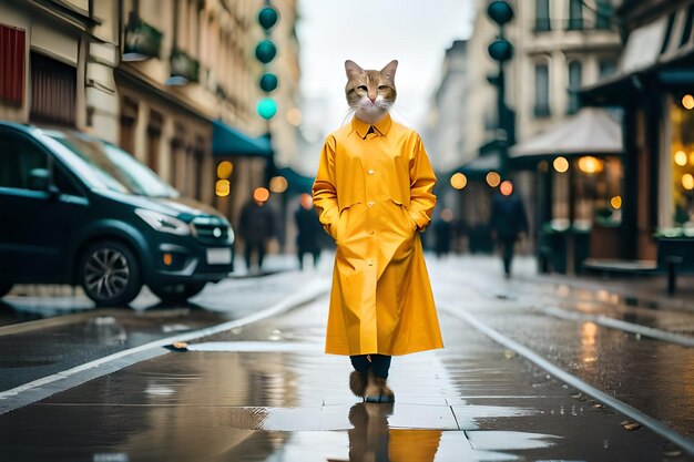 写真 レインコートを着た猫が濡れた道を歩いています。
