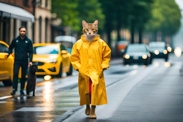 사진 비옷을 입은 고양이가 젖은 거리를 걷고 있습니다.