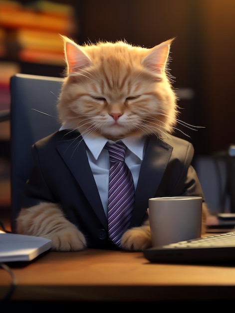 사진 슈트 를 입은 고양이 가 사무실 에서 사진 스타일 의 커피 를 마시고 있다