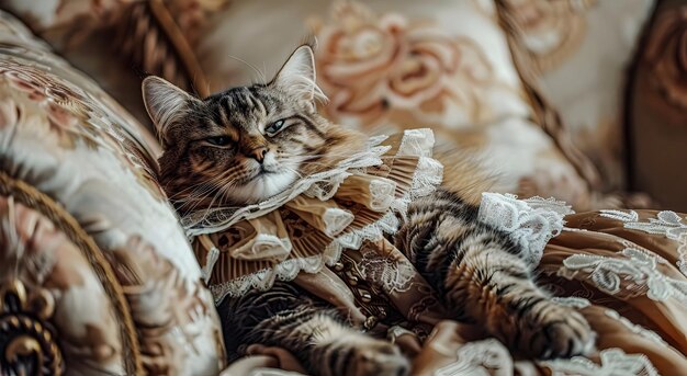 写真 ソファに横たわっているヴィンテージのルネッサンス式のドレスを着た猫