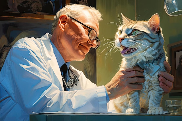 사진 고양이 가 치아 코어 의 스타일 에 있는 수의사 의실 에서 그 주인 에 의해 검사 되고 있다