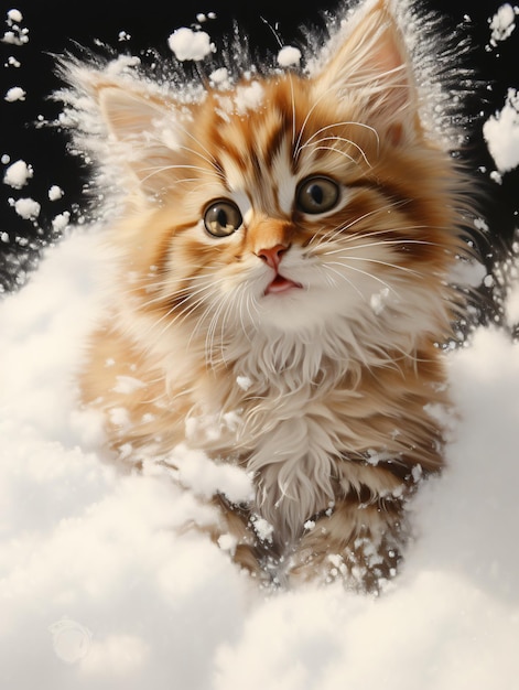 Фото Кошка сидит в снегу со снегом на ней