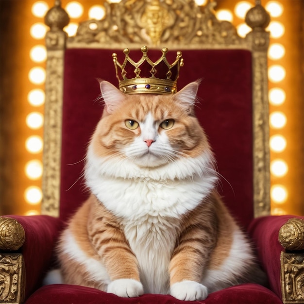 写真 猫が赤い椅子に座っておりその上に王冠があります