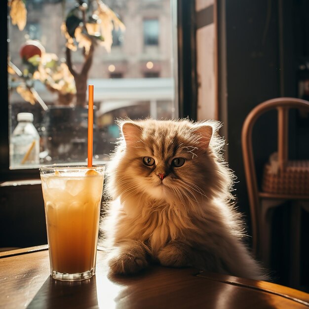 Фото Кошка сидит на столе рядом с чашкой соломы.
