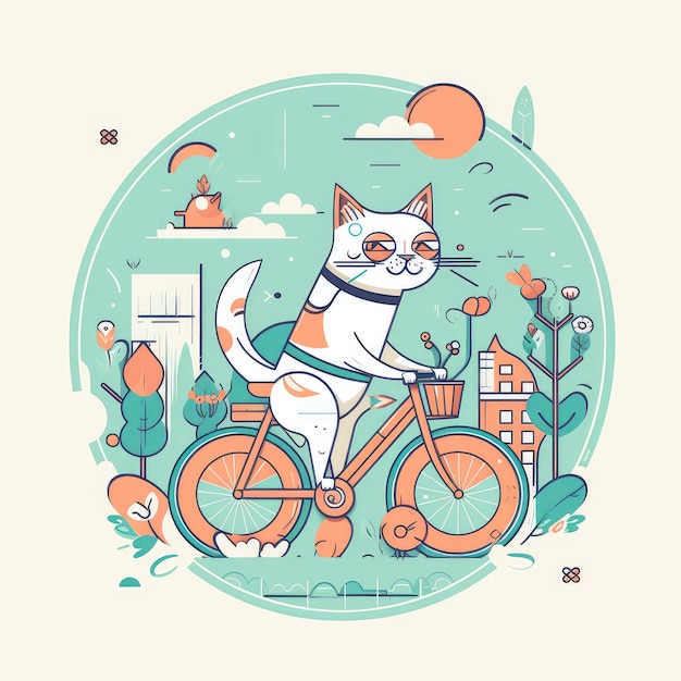 사진 입에 바구니를 물고 자전거를 탄 고양이.