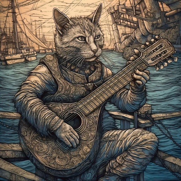 사진 배에서 기타를 연주하는 고양이