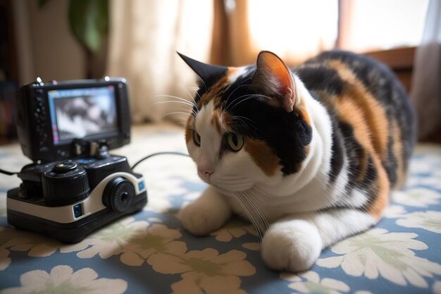 사진 생성 ai 기술로 만든 침대에서 카메라를 들고 셀카를 찍는 고양이