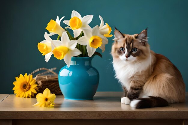 写真 水仙の花瓶の隣に座っている猫。