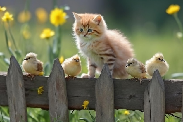 Фото Кошка сидит на заборе в окружении кур.