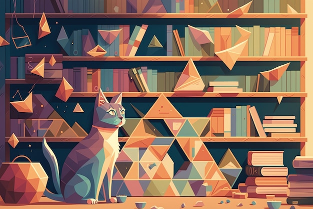 사진 고양이는 다채로운 그림에서 선반에 앉아 있습니다.