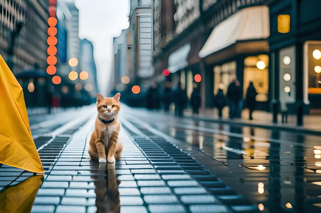 Фото Кот сидит на мокром тротуаре под дождем.