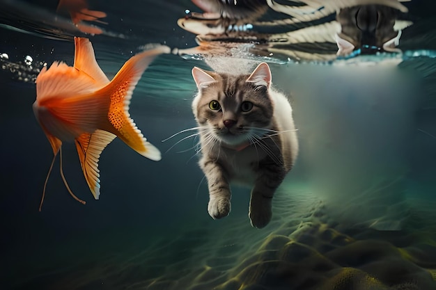 写真 黄色い魚が乗った魚の下を泳ぐ猫。
