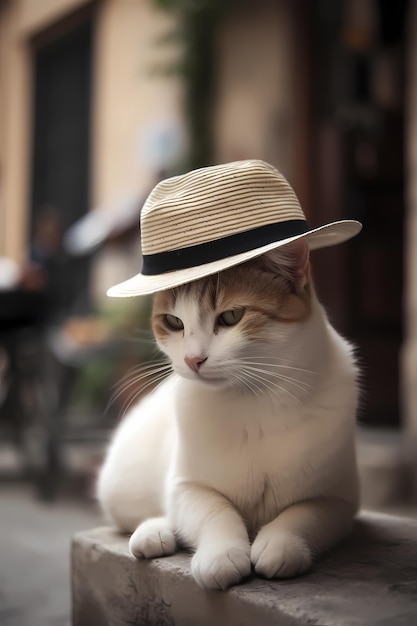 写真 「帽子」と書かれた帽子をかぶった猫。