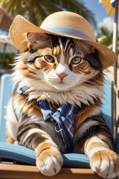 Фото Кошка в круглых очках и соломенной шляпе, сидящая на кресле на пляже.