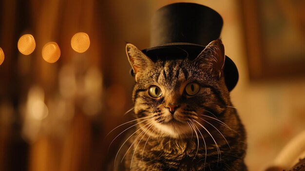 写真 帽子をかぶった猫が奇妙な表情でカメラを見ている