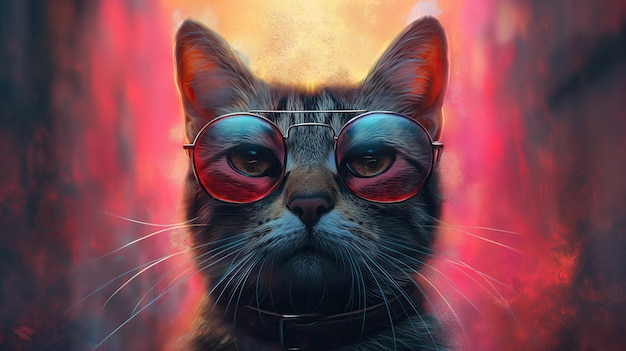写真 眼鏡と赤い襟をかぶった猫がカメラを見ている