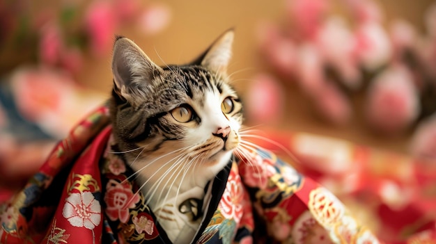 写真 韓服風の伝統的なチャイナドレスを着た猫