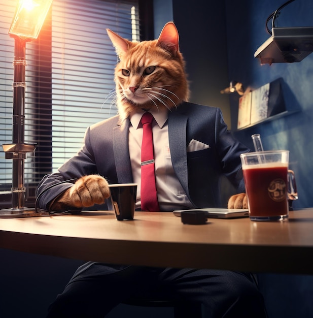 사진 고양이가 슈트를 입고 음료 보스 데이 이미지와 함께 책상에 앉아 있습니다.