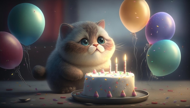 Фото Кот с праздничным тортом и воздушными шарами