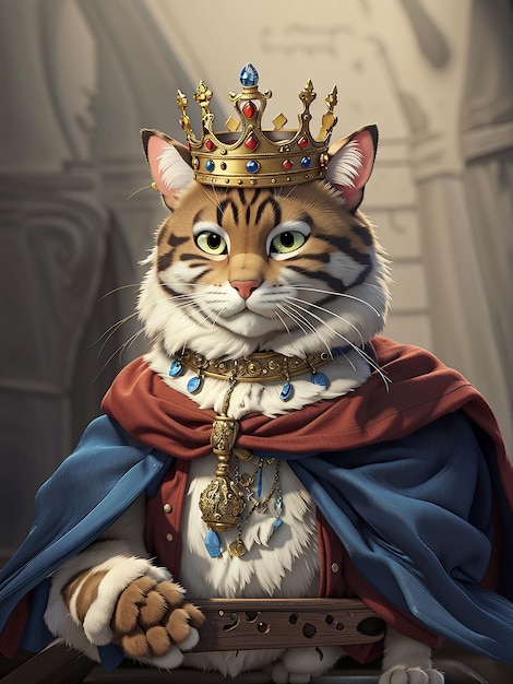 사진 머리에 왕관을 쓴 고양이가 손에 칼을 들고 왕처럼 서 있습니다.