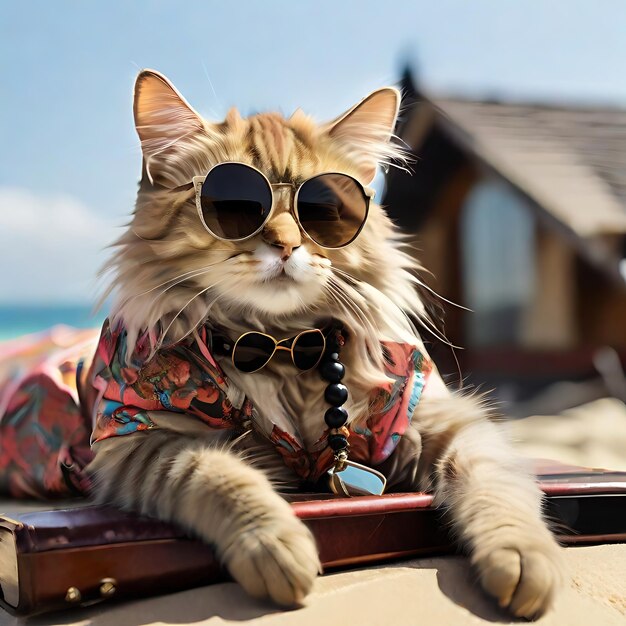 사진 패션 선글라스를 입은 고양이가 지붕에 누워 해변에서 ai를 여행하고 있습니다.