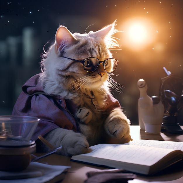 Фото Кошка в очках делает домашнее задание с двойным воздействием