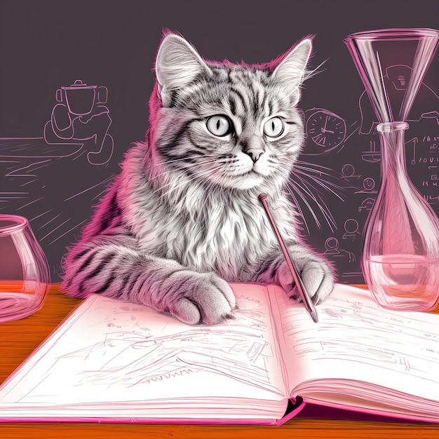 Фото Кошка с очками сидит за столом и пишет с высокой скоростью