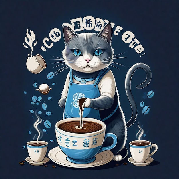 写真 ティーポットと1杯の茶を持った猫
