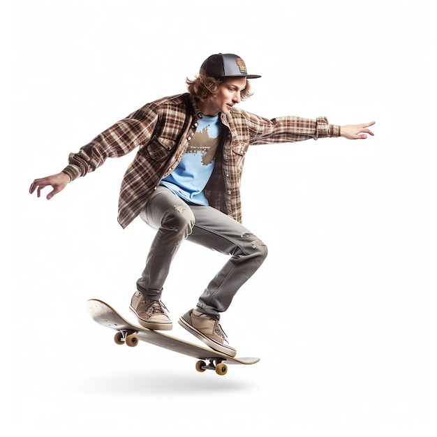 Фото Белый мужчина делает трюки или прыгает на скейтборде на улице