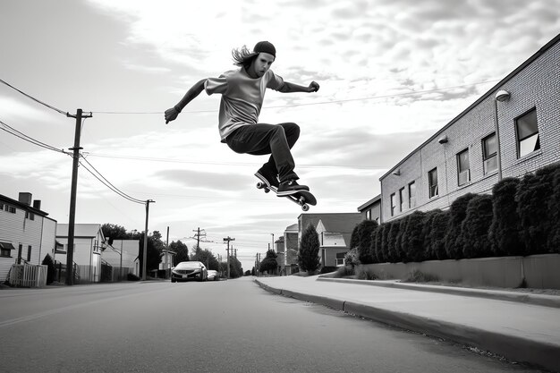 写真 白人男性がトリックをしたり、通りでスケート ボードでジャンプしたりスケーターがジャンプする若い男性