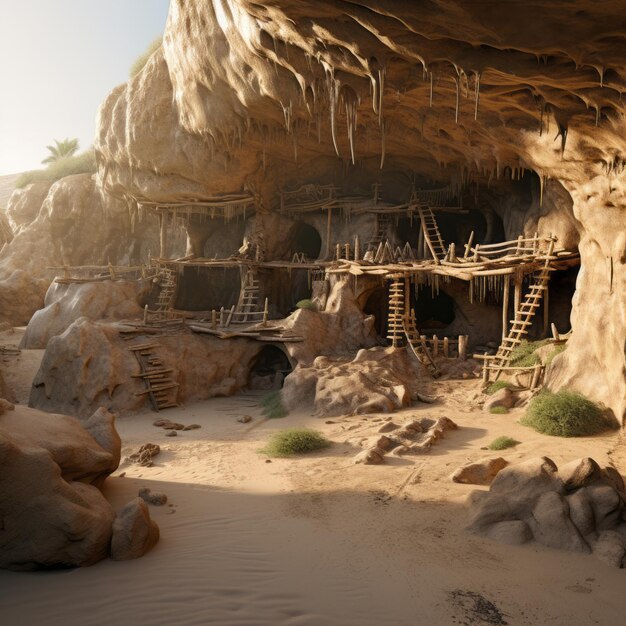 사진 사막 한가운데에 구조가 있는 동굴