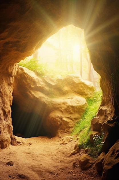 사진 창문을 통해 빛나는 태양이 있는 동굴