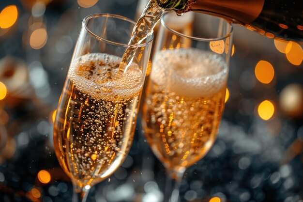 写真 グラスで祝い スパークリングワインをクリスタルフルートに注ぎ 特別な乾杯をします