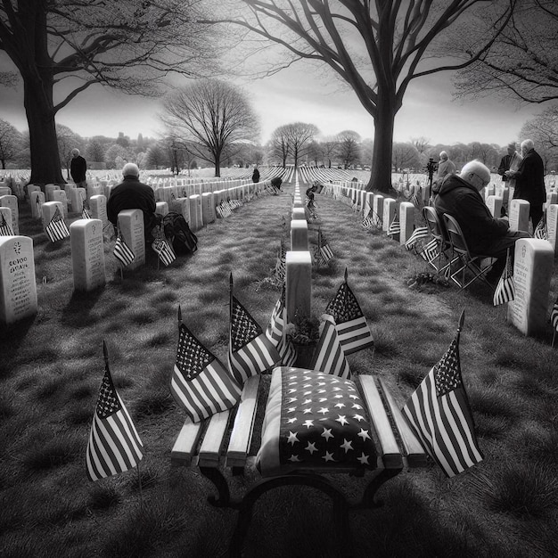 Фото Кладбище с кучей флагов и кладбищем на заднем плане