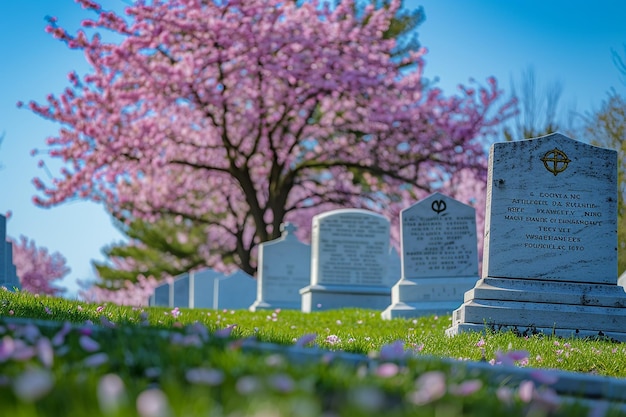 사진 배경에 나무가 있는 묘지와  스프링 트 (spring quote) 라는 표지판
