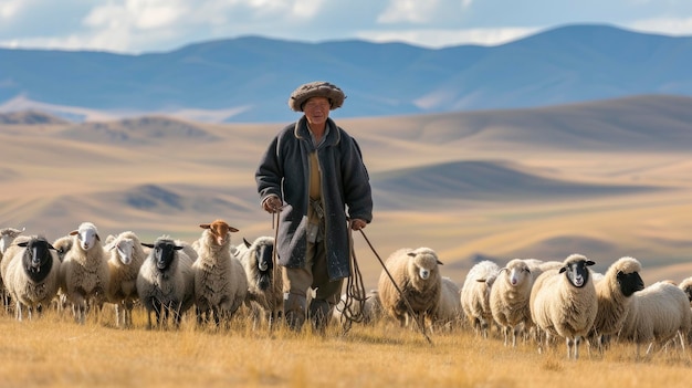写真 中央アジア の 羊飼い が モンゴル の 草原 で 羊 を 飼っ て いる