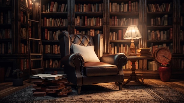 사진 의자 는 편안 한 독서 구석 을 만드는 도서관 의 램프  에 배치 되어 있다