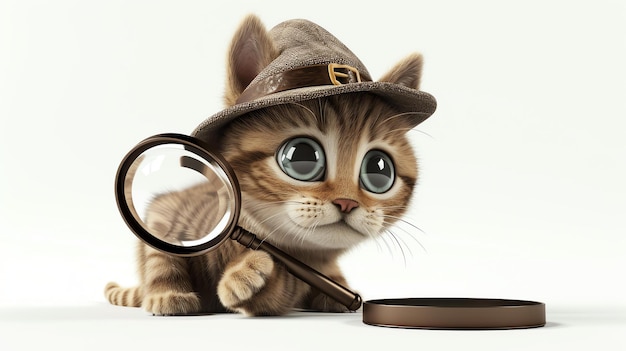 Фото Очаровательный 3d-кошачий персонаж надевает классическую детективную шляпу и усердно расследует с помощью увеличительного стекла эта причудливая иллюстрация в высоком разрешении представляет симпатичного кошачьего детектива