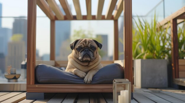 写真 魅力的なパグが街の景色を眺める近代的なミニマリストの犬舎で満足して散歩しています