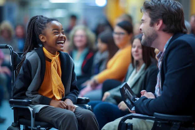 Фото Весёлая и радостная девочка-подросток в инвалидной коляске дает интервью журналисту.