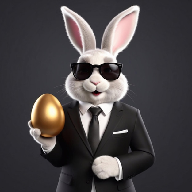 写真 クラシックな黒いスーツとサングラスを着た陽気なイースターウサギは,彼の足で金色の卵を握っています