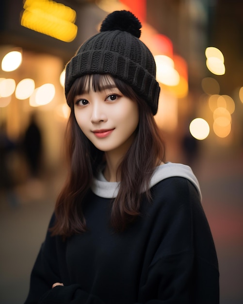 Фото Веселая корейская девушка в капюшоне и вязанной шляпе